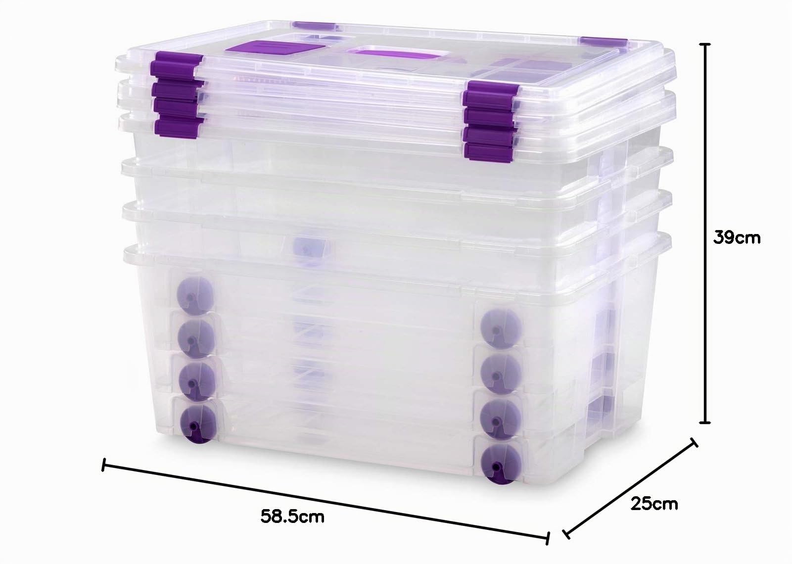 Caja de Plástico con Ruedas 42L – Pack 4- Medidas 585 x 390 x 250 – Apilable y Transparente – Cierres Laterales Seguros, Asas Integradas – Ideal para Juguetes, Ropa, Zapatos y Almacenaje