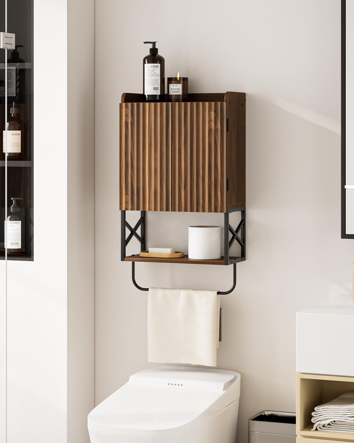 Masupu Bathroom Cabinet Wall Mounted, Wooden Medicine Cupboard with Adjustable Shelves, Space-Saving Wall Storage Unit for Bathroom, Kitchen and Living Room (9" D x 15.35" W x 27.16" H,Modern Walnut)