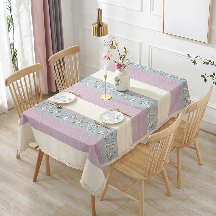 KIJSKKOPO Manteles Rectangulares Florales, con Estampado Floral De Rayas Moradas Y Ribete De Encaje, Estilo Rústico De Granja, para Mesa De Comedor, Cocina, Fiesta, Picnic Al Aire Libre, Decoraci