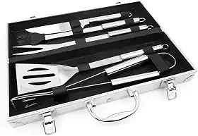 Kit Churrasco 5 Peças em Aço Inox com Maleta Luxo – Espátula, Faca, Garfo, Pegador e Pincel – Ideal para Presentear Churrasqueiro