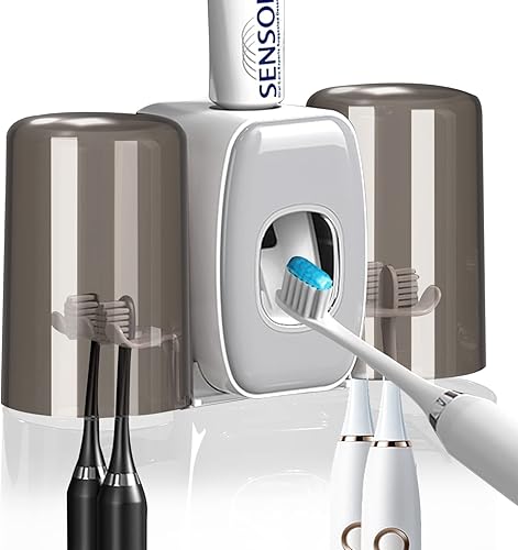 WAYCOM Dispensador de pasta de dientes, accesorios de baño, 2 tazas soporte para cepillo de dientes montado en la pared, decoración de baño para