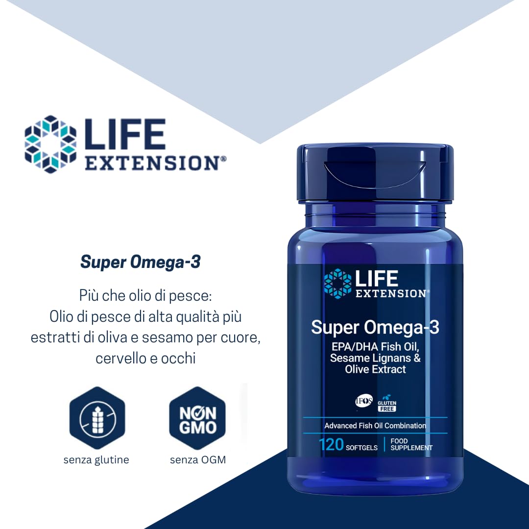 Life Extension - Super Omega-3 Plus EPA/DHA 120 Capsule - Lignani di Sesamo, Estratto di Oliva - Omega-3 ad Alto Dosaggio per la Salute di Cuore e Cervello