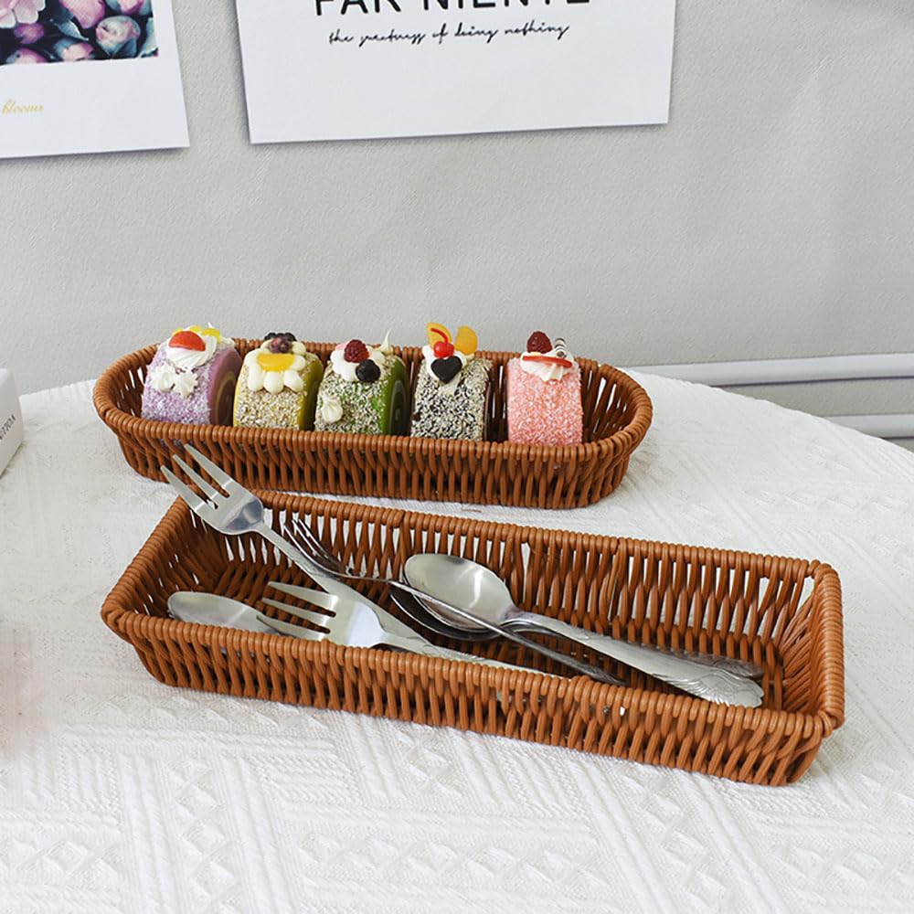 RT&BS Panier à Couverts en Osier, Petit Panier à Pain en Osier pour la Table, Paniers de Rangement Tissés à la main pour Couteaux, Fourchettes, Cuillères, Baguettes (3pcs, Ovale)