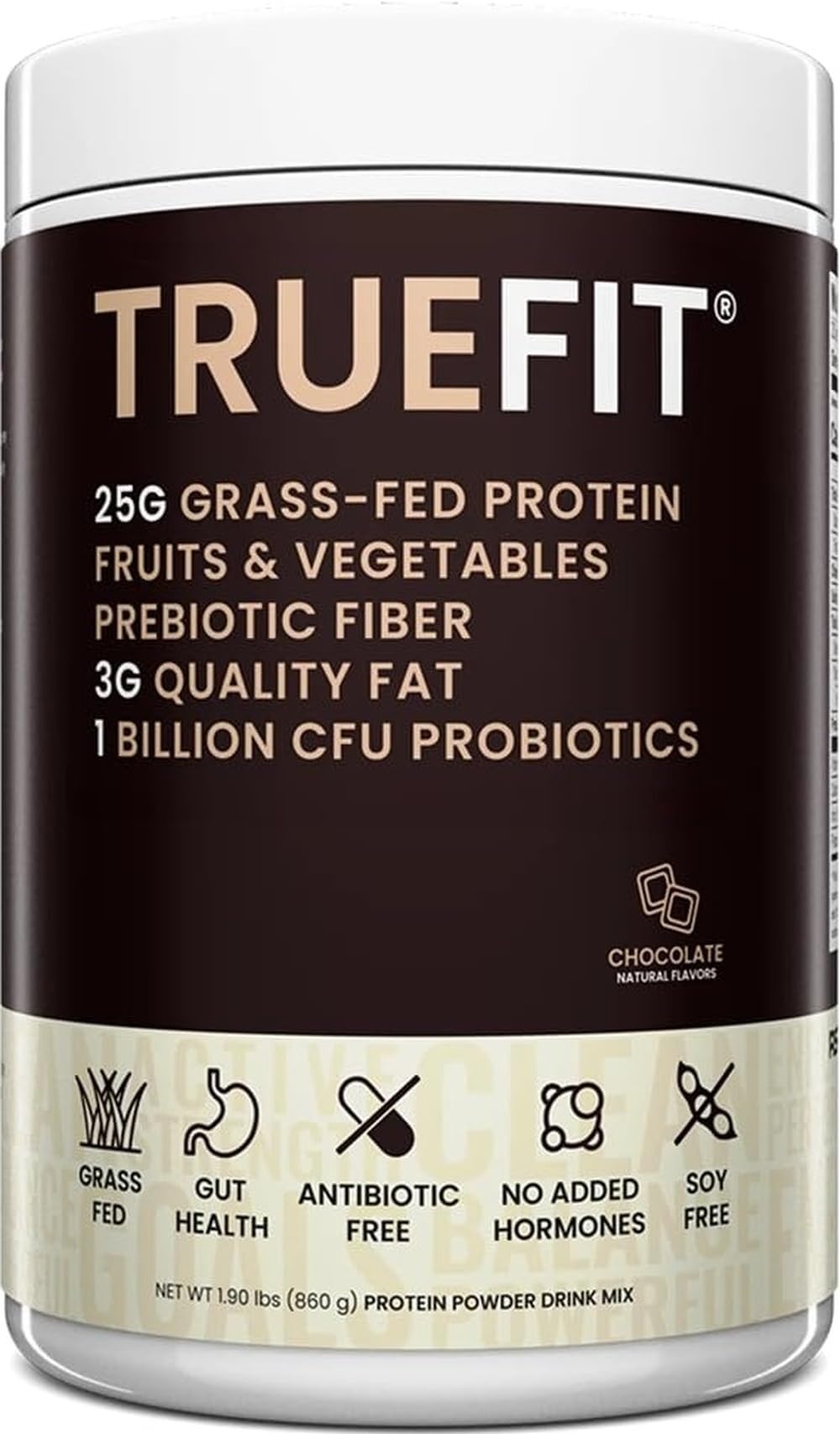 TrueFit Grass-Fed Whey Protein Powder + Fiber & Probiotics, Chocolate Shake | 25g Gut Healthy Protein with Fiber, Probiotics & Non-GMO Superfoods for Complete Meal Replacement Shake with Nothing Fake