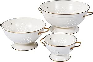 Metal Colander Set of 3, Strainer Basket with Handles perfect for Spaghetti, Pasta, Berry, Vegetable, Fruit, Solid Base Powder Coated Kitchen Essential Strainer Set, 1 & 3.5 & 5 Qt (Cream)
