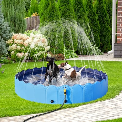 Yaheetech Hundepool 160cm mit Sprinkler, 0.6cm Verdickter Faltbarer Planschbecken für Hunde, rutschfest Hundeplanschbecken, Wasserspielzeug für Sommer Outdoor Garten, Blau
