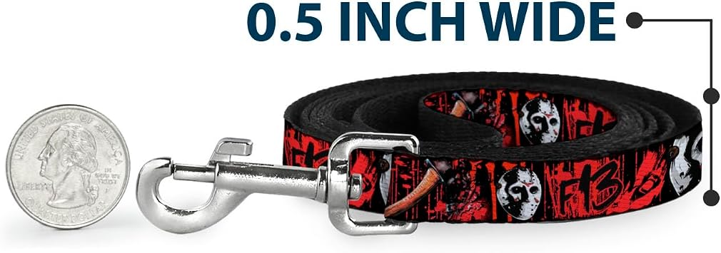Warner Bros. Horror Movies Pet Leash, Dog Leash, Friday The 13th Jason Mask Axe Blood Splatter Black Red, 4 Feet Long 1.5 Inch Wide