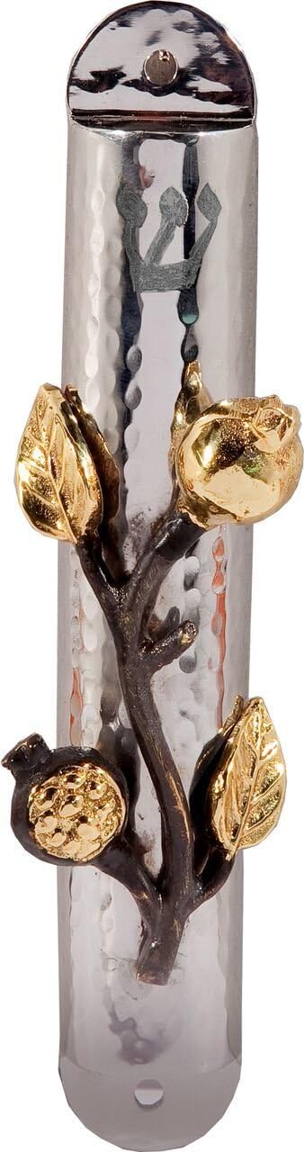 Yair Emanuel Hammered Mezuzah Case with Pomegranate Branch (10 centimeters)
