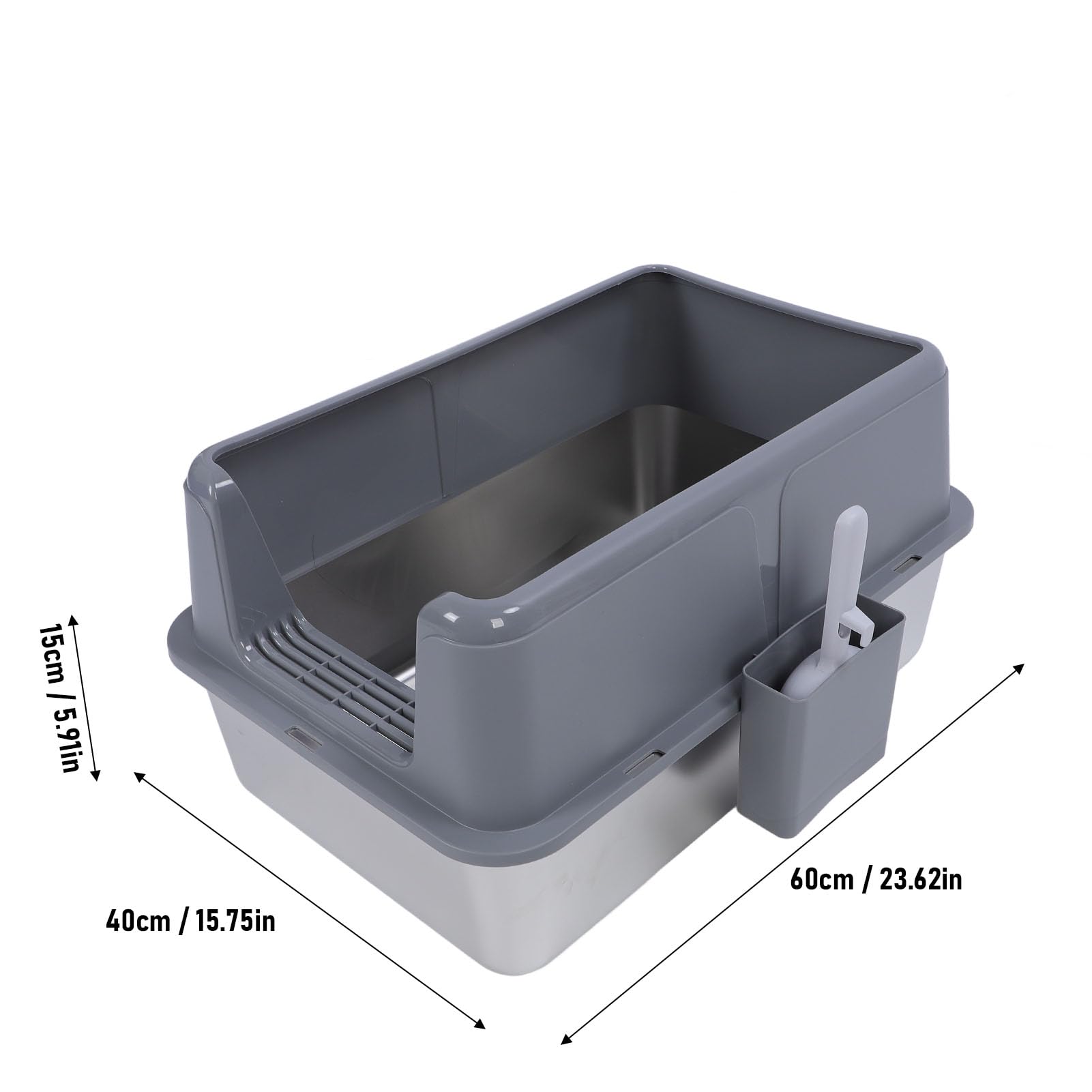 Arenero Cerrado de Acero Inoxidable para Gatos, Extra Grande 23,62x15,75x5,91 Pulgadas Arenero metálico para Gatos, Bordes Altos, antisalpicaduras, fácil de Limpiar (Grey)