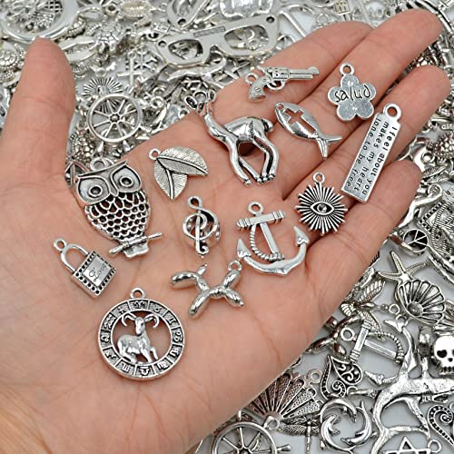 Tucai 100 Pieces Vintage Charms Bulk Lots Mixed Antique Tibetan Silver & Gold Alloy Pendants Bracelet Charms Necklace Pendant Handmade Diy Jewelry Accessories (Silver) #TOP1