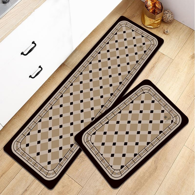 Image of HomeCloud Rubber Kitchen Mats for Floor Set of 2 Pcs|Non-Skid, Soft Absorbent Rugs for Kitchen, Laundry, and Hallway|120x40cm, 40x60cm| 4mm Thickness (Black Beige Square)