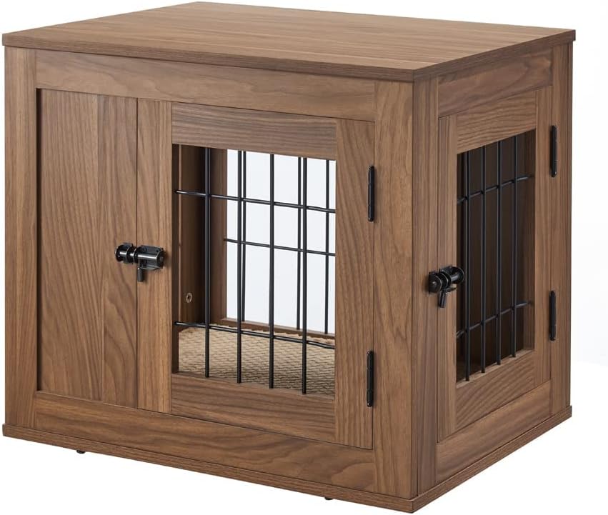 unipaws Furniture Style Dog Crate End Table with Cushion, Wooden Wire Pet Kennels with Double Doors, Medium Dog House Indoor Use