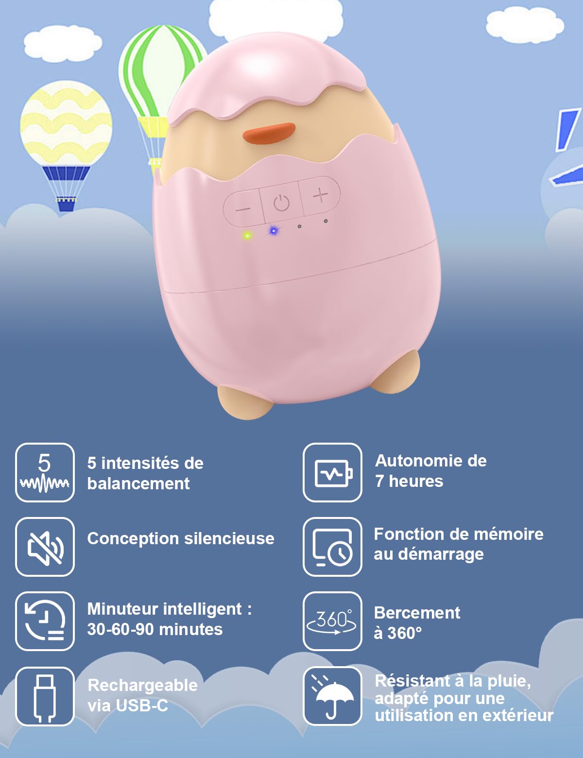 Robofun Balançoire Automatique Pour Bébé, Rocker Rechargeable- Accessoire Électrique Portable avec 30-60-90 Minuterie et 5 Vitesse Réglable - Compatible avec la Majorité des Poussettes, Rose
