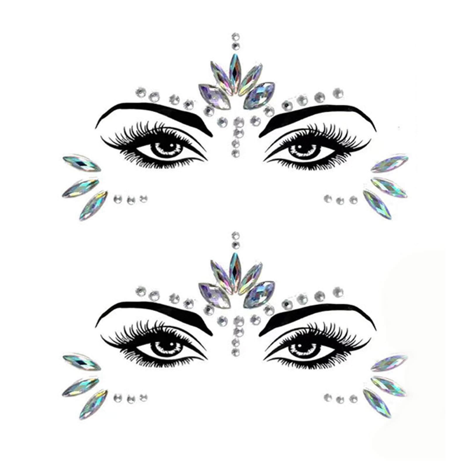 Adesivi Viso con Strass, Pacco da 2 Sticker Autoadesivi per Trucco, Feste, Carnevale e Eventi – Tattoo Temporaneo Brillante