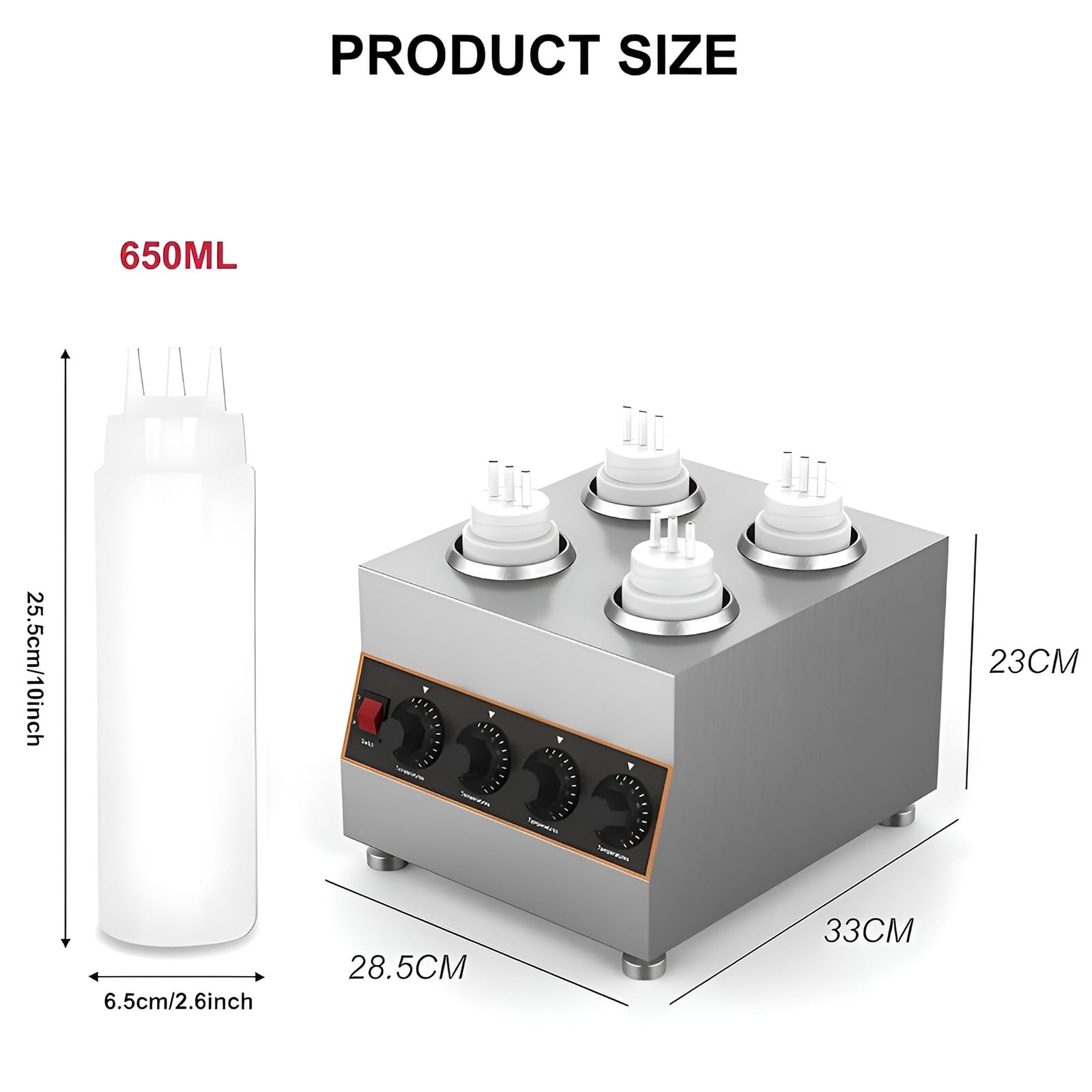 Calentador eléctrico de salsa, dispensador de acero inoxidable con 4 botellas de 650 ml, ajustable a 30-85 °C, para dulces, queso, chocolate