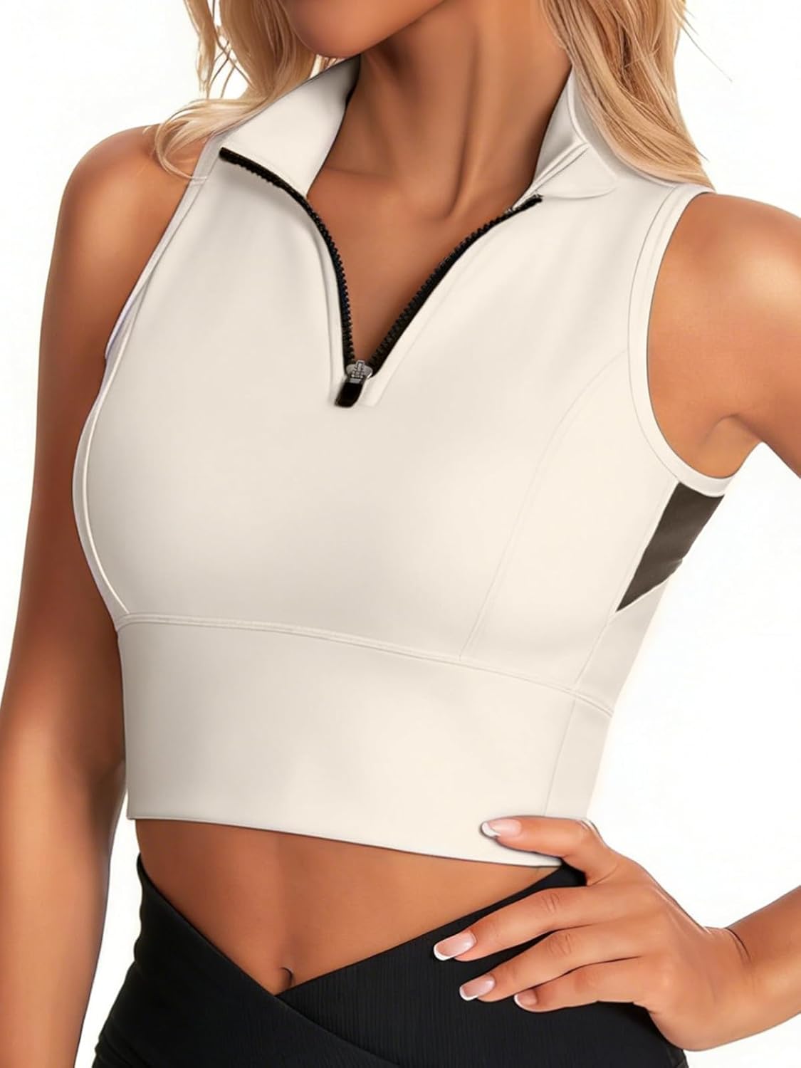 AARYA Cropped Workout Tank Tops for Women Built in Bra Half Zip High Neck Sports Bras Medium Support Sleeveless Athletic Top