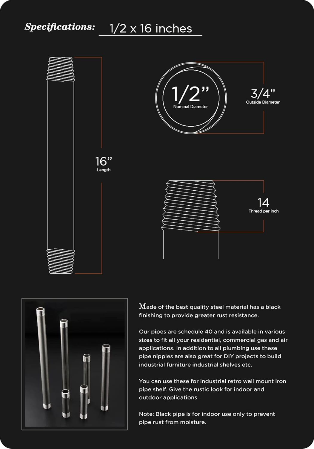 SUPPLY GIANT QDCM1216-5 PCBL1216-5 Pipe, 1/2" x 16", Black - 