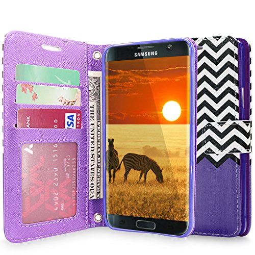 S7 Edge Case, Galaxy S7 Edge Case, Cellularvilla [Zig Zag Pattern] Chevron Design Premium Pu Leather Wallet Case [Stand Feature] Card Slots Flip Cover for Samsung Galaxy S7 Edge (Purple Chevron)