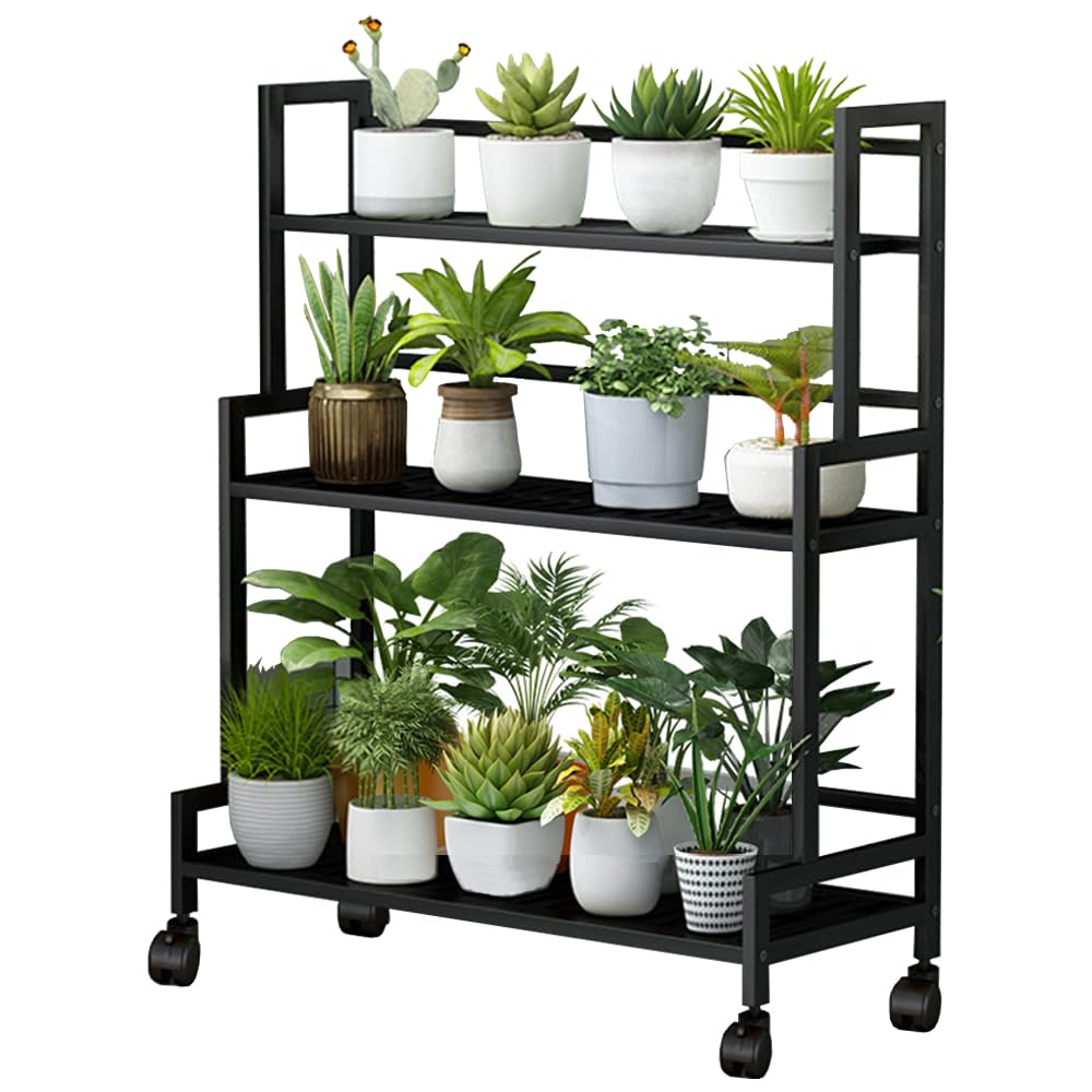 Pflanzenständer Blumenständer, 3 Etagen Metall Pflanzenregal mit 4 Rollen | Pflanzentreppe, Blumentopf Topfhalter, Multifunktionales Pflanzenregal für Outdoor Indoor Balkon, Garten, Wohnzimmer