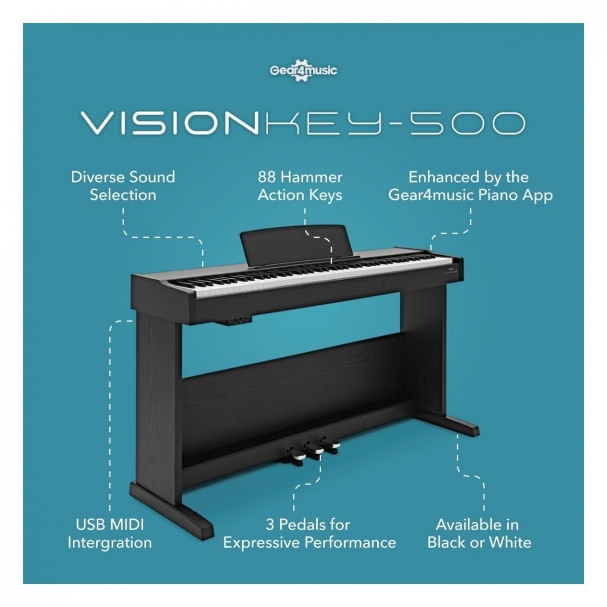 VISIONKEY-500 88-Tasten Hammermechanik-Digitalpiano USB MIDI mit Hocker und Kopfhörer, Matte Black