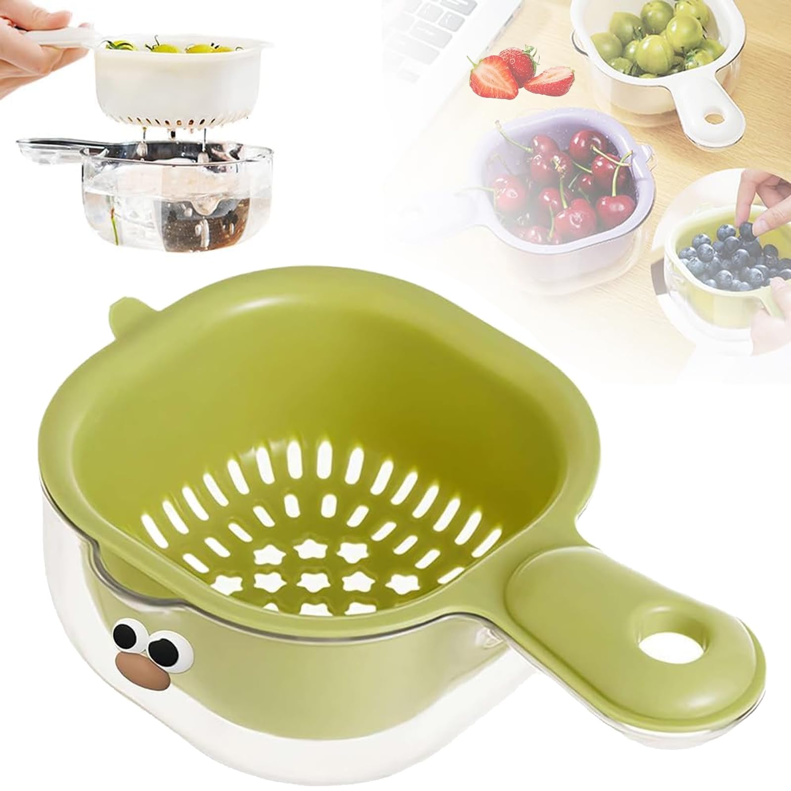 Kitchen Dual-Layer Draining Basket with Handle, 2024 New Handy Mini Berry and Tomato Washer, Double-Layer Lock Design, Fruit Washing Strainer Bowl