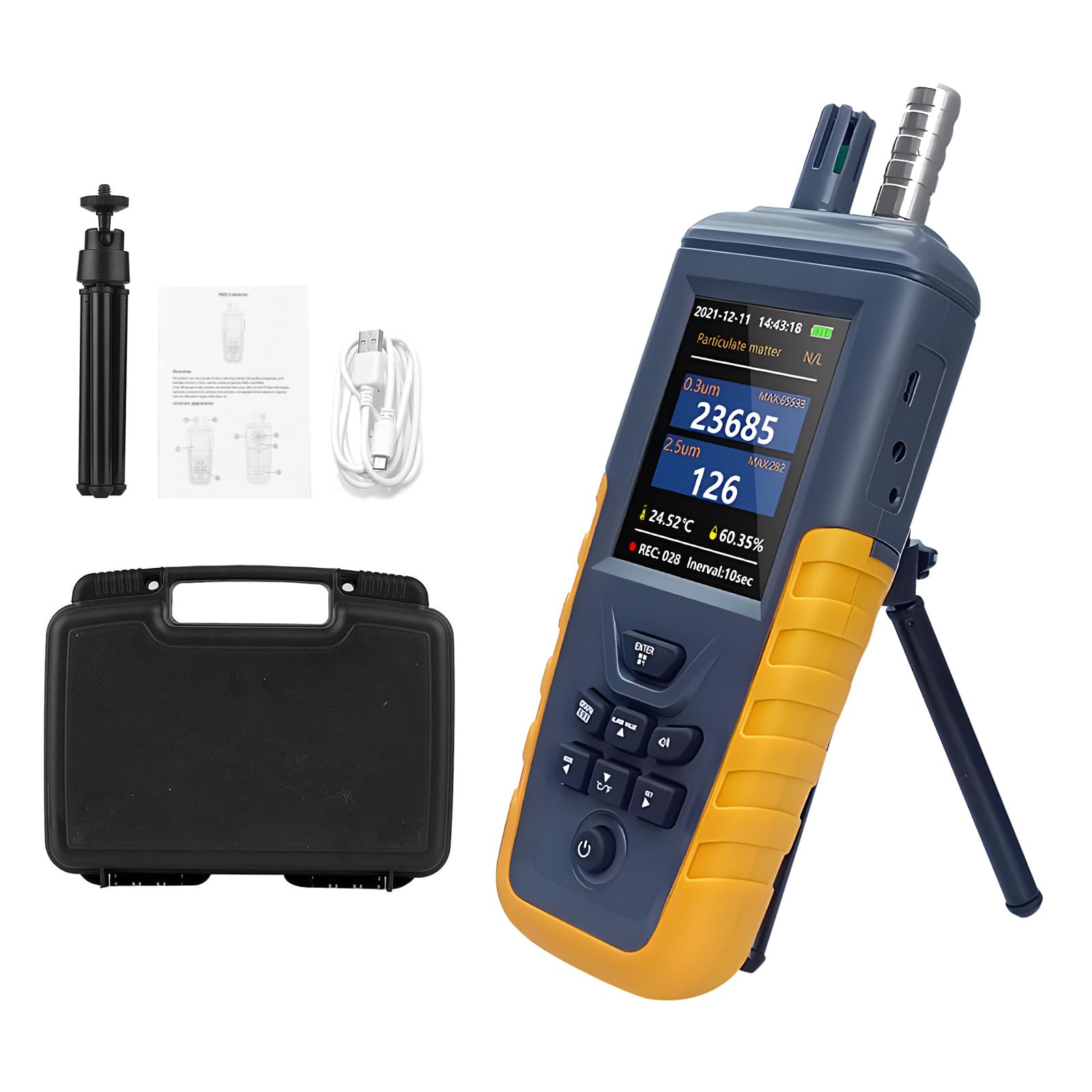 Air Quality Monitor Dust Particle Counter, PM0.3/2.5/10um Particulate Monitor, High Sensitivity 3-Channel 0~1000μg/m³USB Rechargeable Temperature and Humidity Monitor