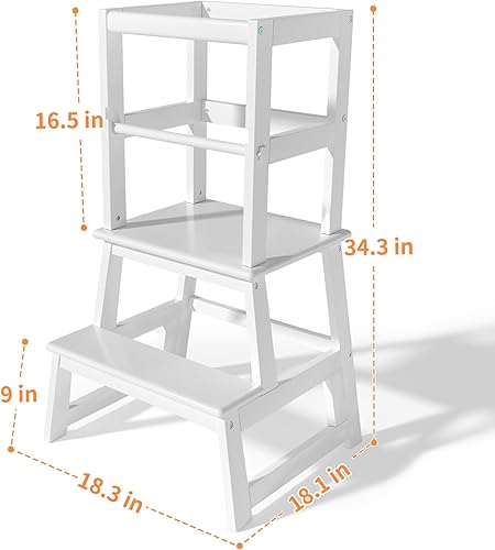 Miniatura 9 de Wiifo Taburete de cocina para niños pequeños, taburete de aprendizaje Montessori de altura ajustable, torre de pie para niños pequeños (blanco)
