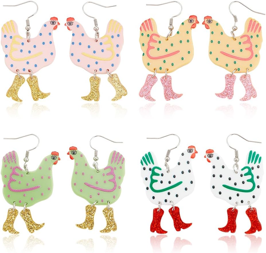 ANATTASOUL 4 Pairs Chicken Earrings Rooster Earrings for Women Cute Acrylic Animal Drop Earrings Colorful Boots Chicken Hen Funny Animal Dangle Earrings For Women Christams Birthday Gift