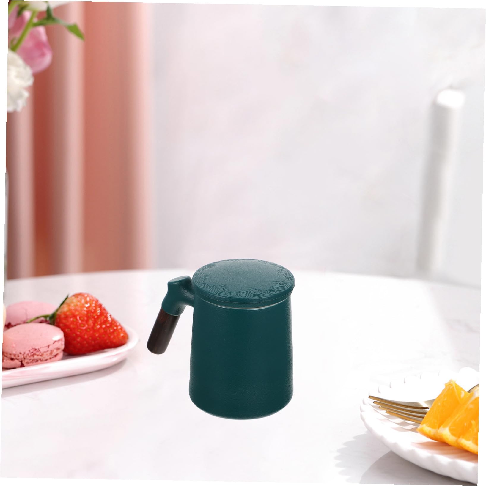 jojofuny Taza de Cerámica para Té con Infusor y Tapa Asa de Madera Capacidad Media Diseño Ligero y Base Antideslizante para Infusiones Caseras y Sueltas