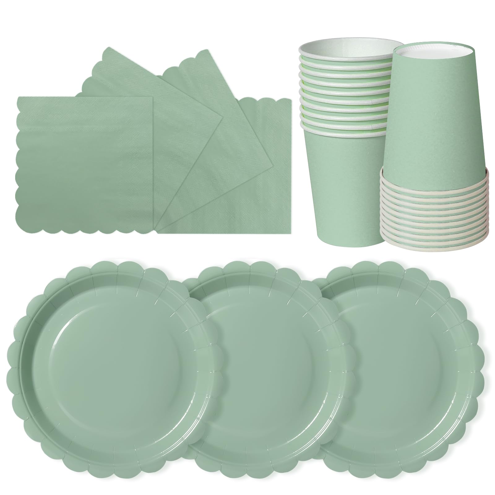 hailstones Sage Green Disposable Scalloped Party Paper Plates Set Tableware Supplies - 24 Pack of 7 Inch Plates, Cups & Napkins for Kids Birthday Decorations Christening Wedding Shower