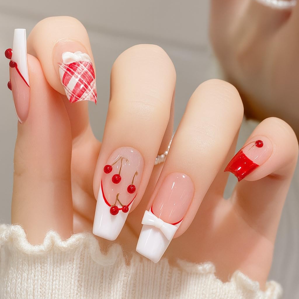Sunburst Mart French Press-on Nails, Cherry Pattern, White French Tips with Red Plaid Design, Long Coffin Shape-image-9