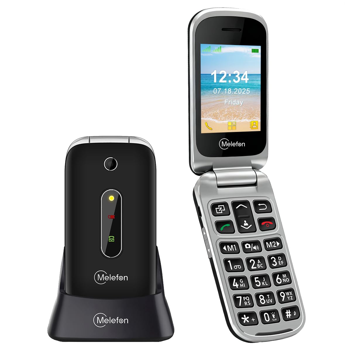 4G-Seniorenhandy – Klapphandy ohne Vertrag mit großem 2,4-Zoll-Farbdisplay, großen Tasten, SOS-Taste, Direktwahltasten M1/M2 | USB-C-Ladestation, UKW-Radio, 1350-mAh-Akku