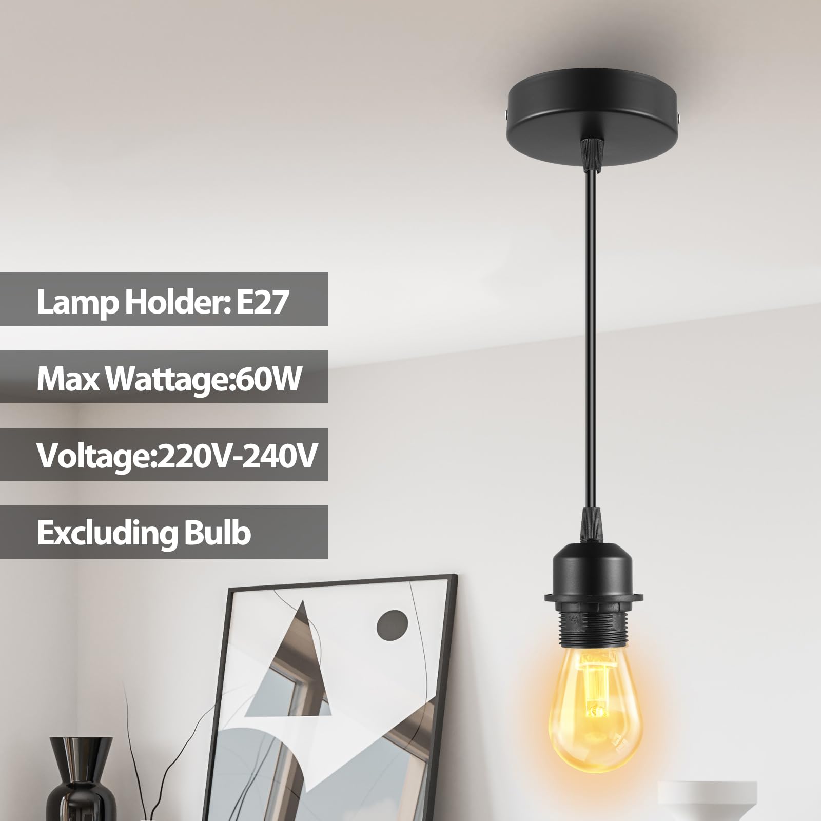 Tsling E27 Portalampada Sospensione Nero in Metallo,Set di E27 Lampade a Sospensione con Anello a Vite e Cavo Regolabile 100CM,per Camera da Letto Soggiorno Pranzo Caffè,Bar