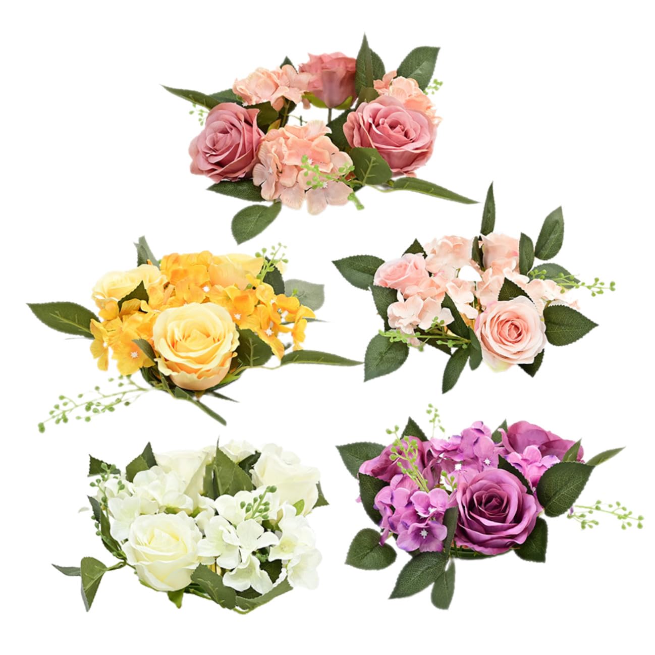 Anneaux de bougies couronne de fleurs blanches et roses, déco mariage 5pcs