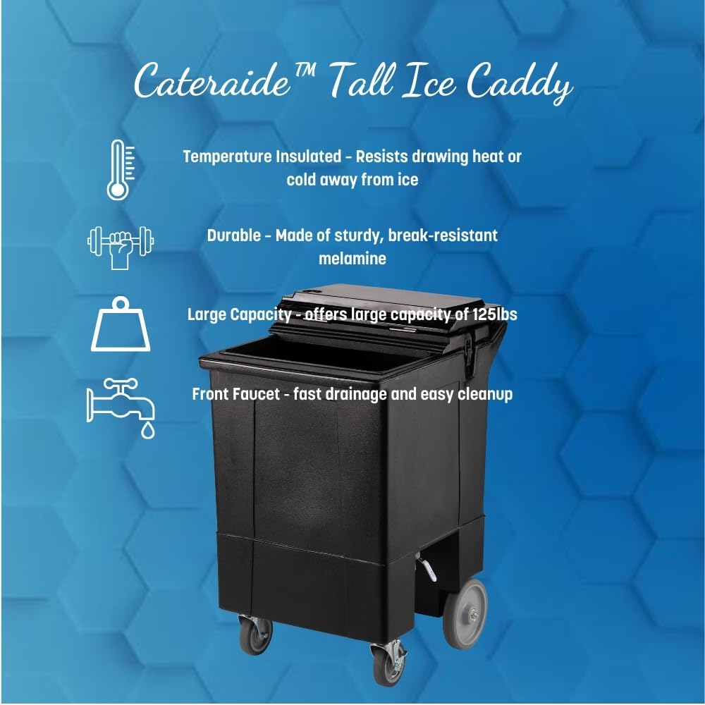 Carlisle FoodService Products Cateraide Tall Ice Caddy Insulated Ice Carrier with Wheels for Catering, Bar, and Restaurants, Plastic, 125 Pounds, Black