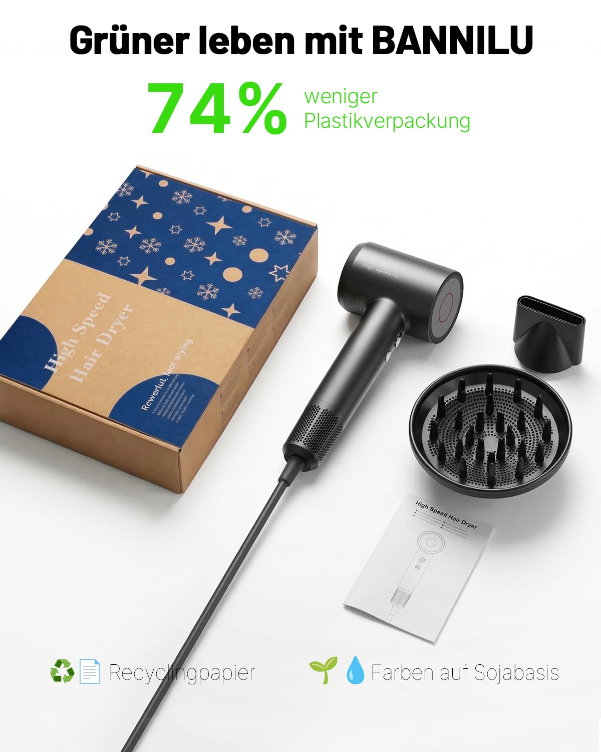 Föhn mit Diffusor, Ionen Fön Haartrockner, 160.000 U/min High Speed Hair Dryer, Haarföhn Ultraleicht (370g) & Leise, Schnelles Trocknen ohne Hitzeschäden, Reisefön, Geschenkset