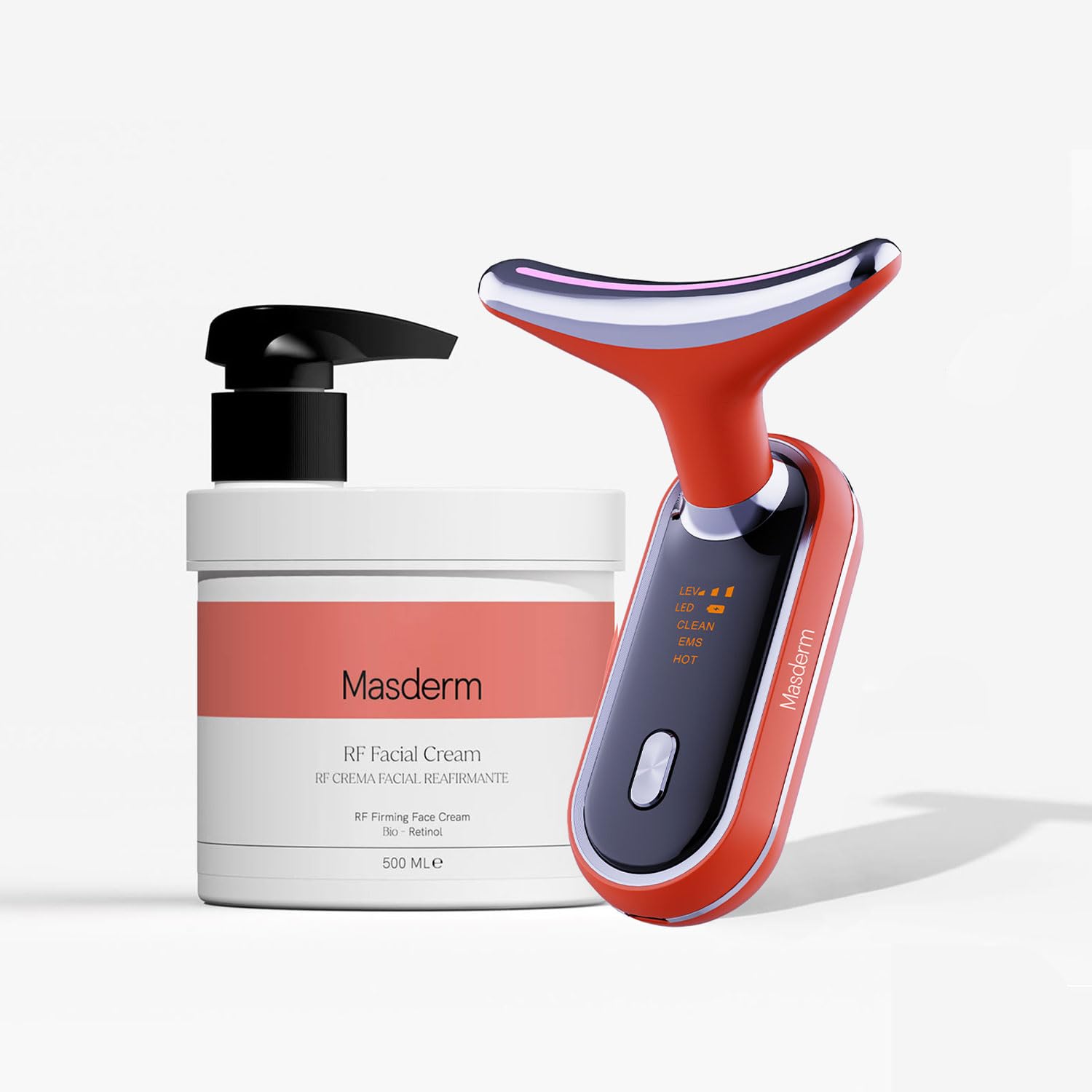 MASDERM Set aus Massagegerät für Gesicht und Hals + Gesichtscreme, Radiofrequenz, feuchtigkeitsspendend, 500 ml, straffend, Anti-Falten, galvanisches Gesichtsmassagegerät | Red Light Therapy Face |