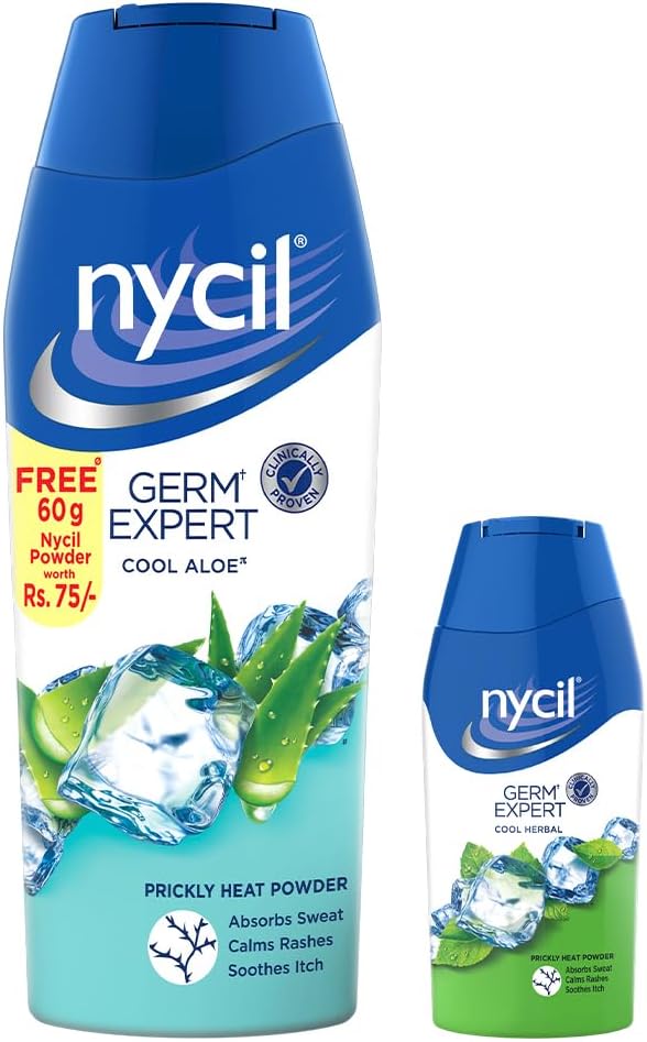 Nycil Germ Expert Prickly Heat Powder, Pack of 150gm+60gm, Assorted Fragrances (Cool Aloe)