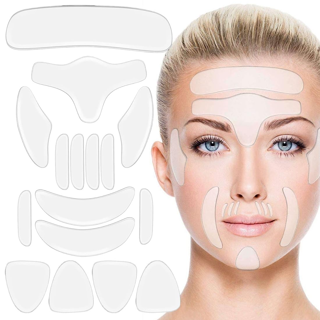 Cerotti per Il Viso Silicone Pad Silicone Riutilizzabili Adesivi Antirughe per il Viso Compreso di Petto Patch Collo Collo Maschera Gli Occhi Guancia Fronte Pad per Riduzione Rughe, 16 pezzo
