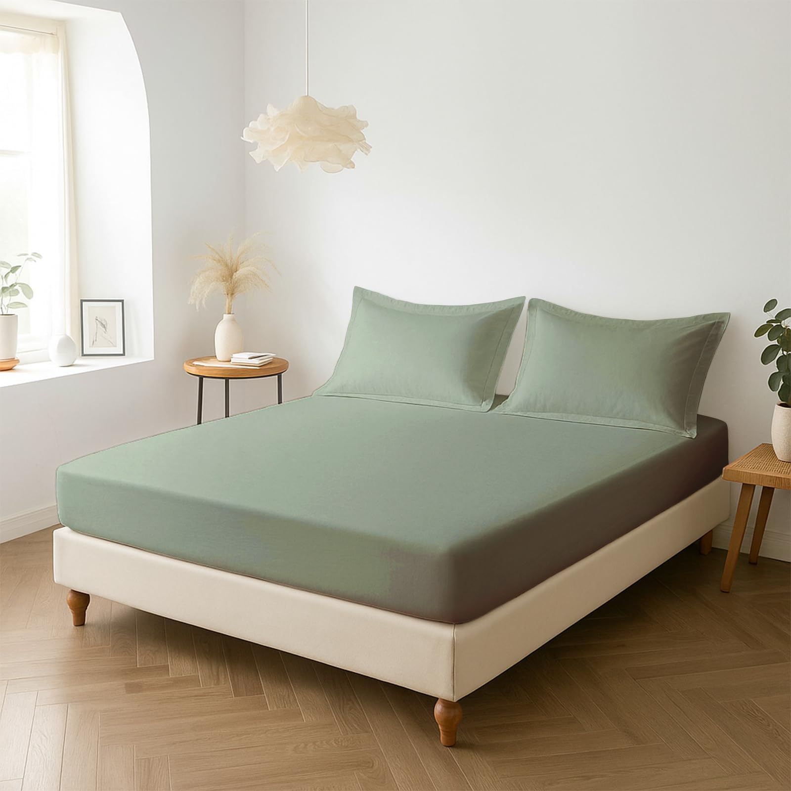 Pizuna Percale Fitted Sheet King Size 160x200 cm with 2 Pillowcases, Sea foam Sage, 100% Long Staple Cotton, Crisp Percale Weave, Fitted Bed Sheets with 40 cm Deep Pocket
