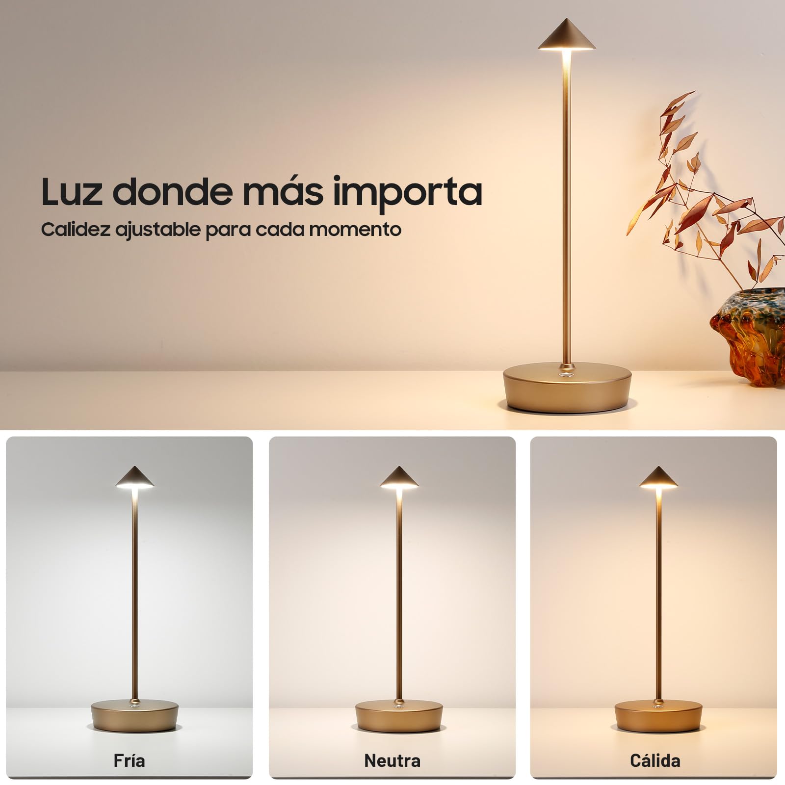 Lampada da Tavolo Senza Fili Ricaricabile,Lampada Led da Tavolo,3 Modalità di Colore, IP54, per Interni/Esterni, Ristorante (Bronzo)