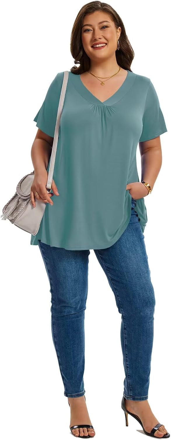 LARACE Plus Size Tops for Women Short Sleeve Women's V Neck Pleated Tunics Dressy T-Shirts Summer Clothes Loose Fit Blouses - Image 6
