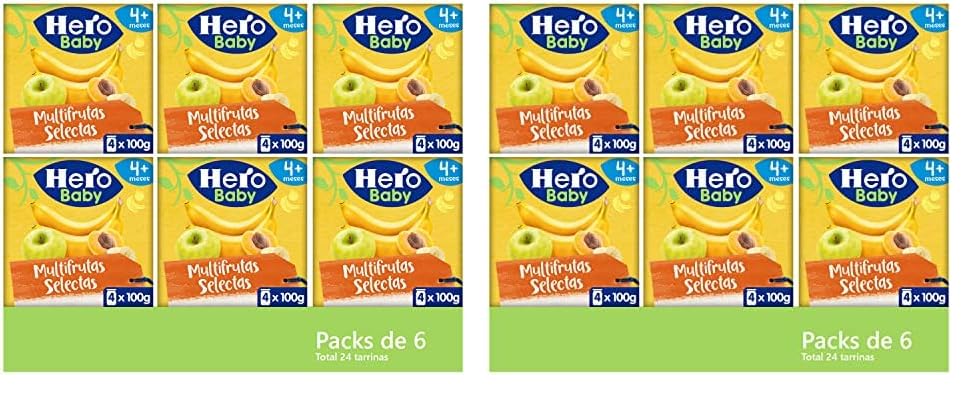 Hero Baby Tarrito Infantil - Tarritos Multifrutas Selectas, Sin Aceite de Palma, Sin azúcares añadidos, Para Bebés desde 4 meses, 100% Fruta, 6 Packs de 4x100gr (Paquete de 2)