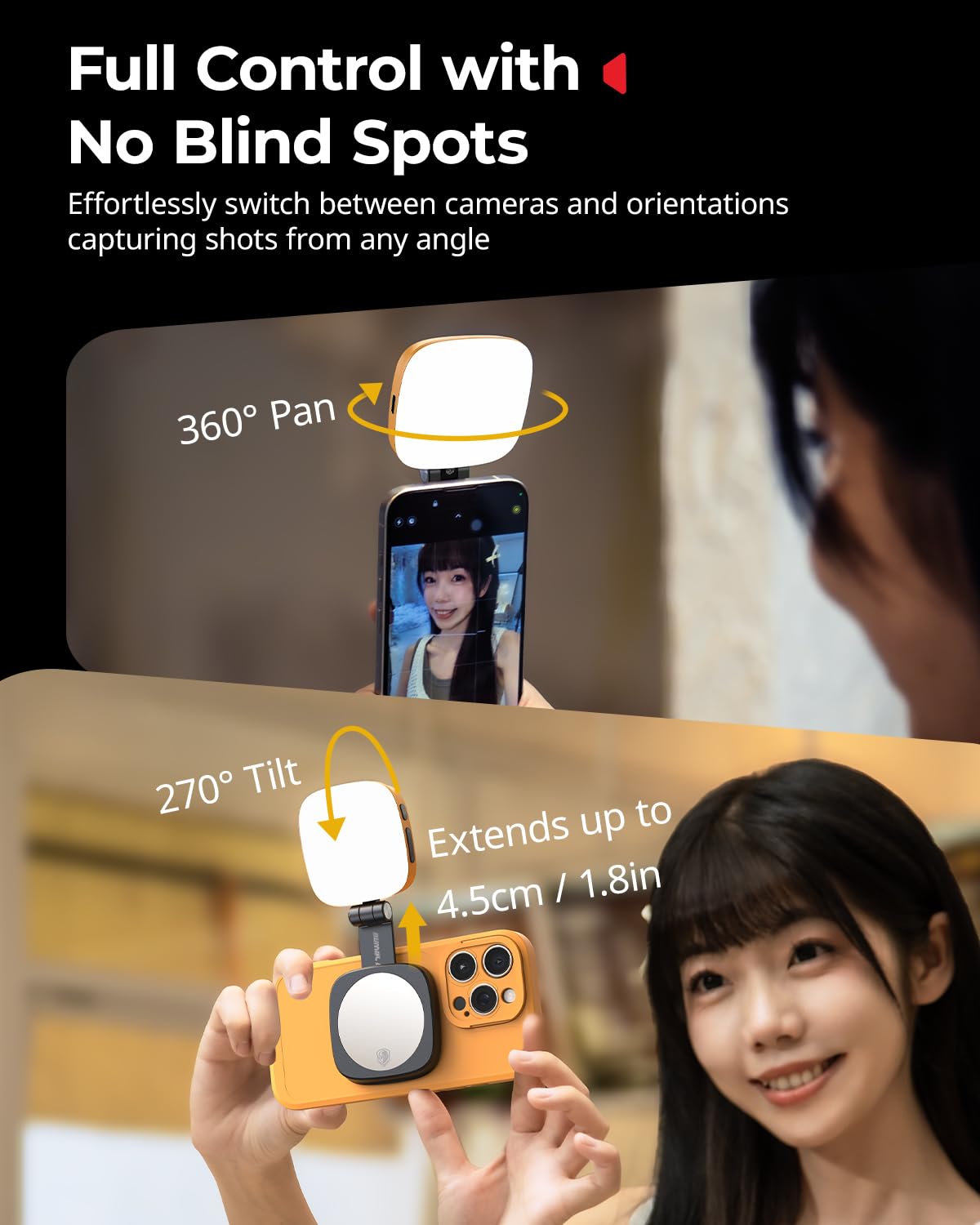 SMALLRIG Magnetyczna lampa do selfie do iPhone'a, lampa do telefonu z lusterkiem, natychmiastowe mocowanie do MagSafe, do selfie, wideokonferencji, Vibe P48 BumbleBee Edition - 5513