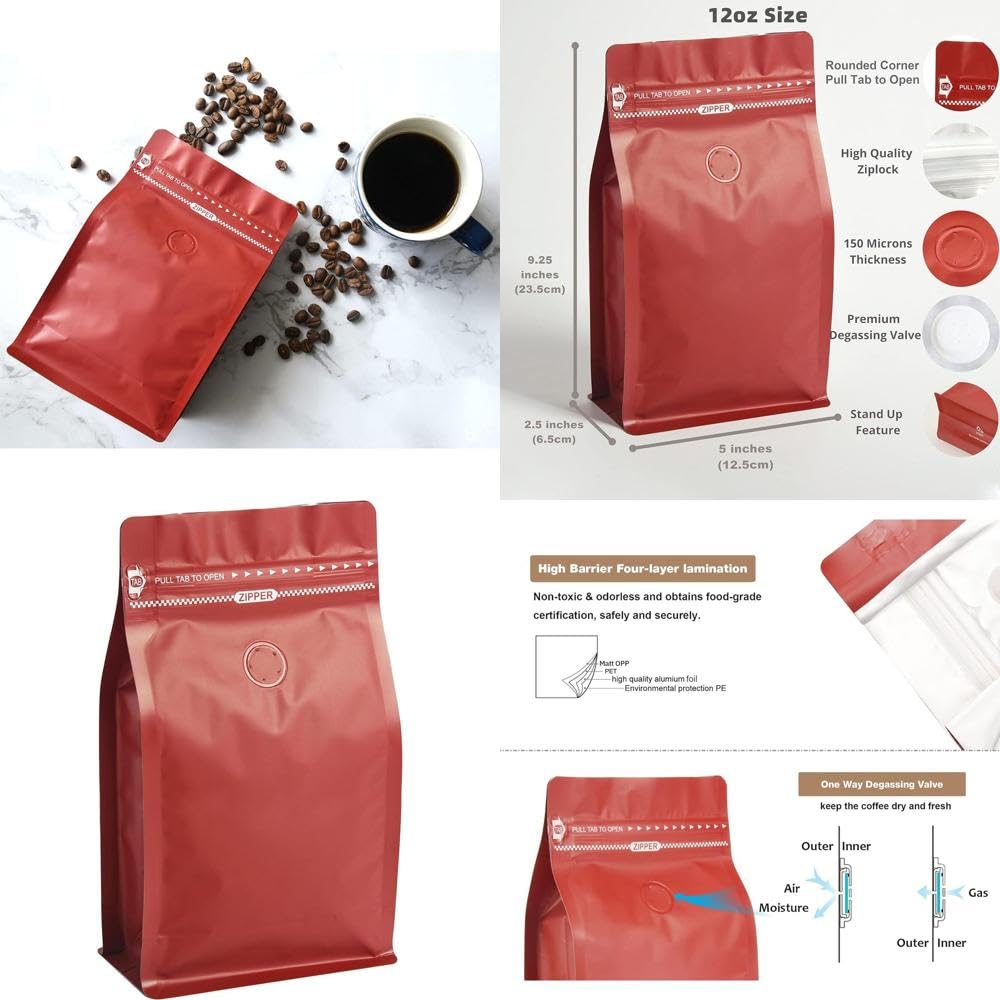 Bolsas de café con válvula 50 bolsas rojas 12 oz revestimiento aceite, alta barrera for desgasificación, almacenamiento alimentos cierre hermético pestaña for tirar, paquete