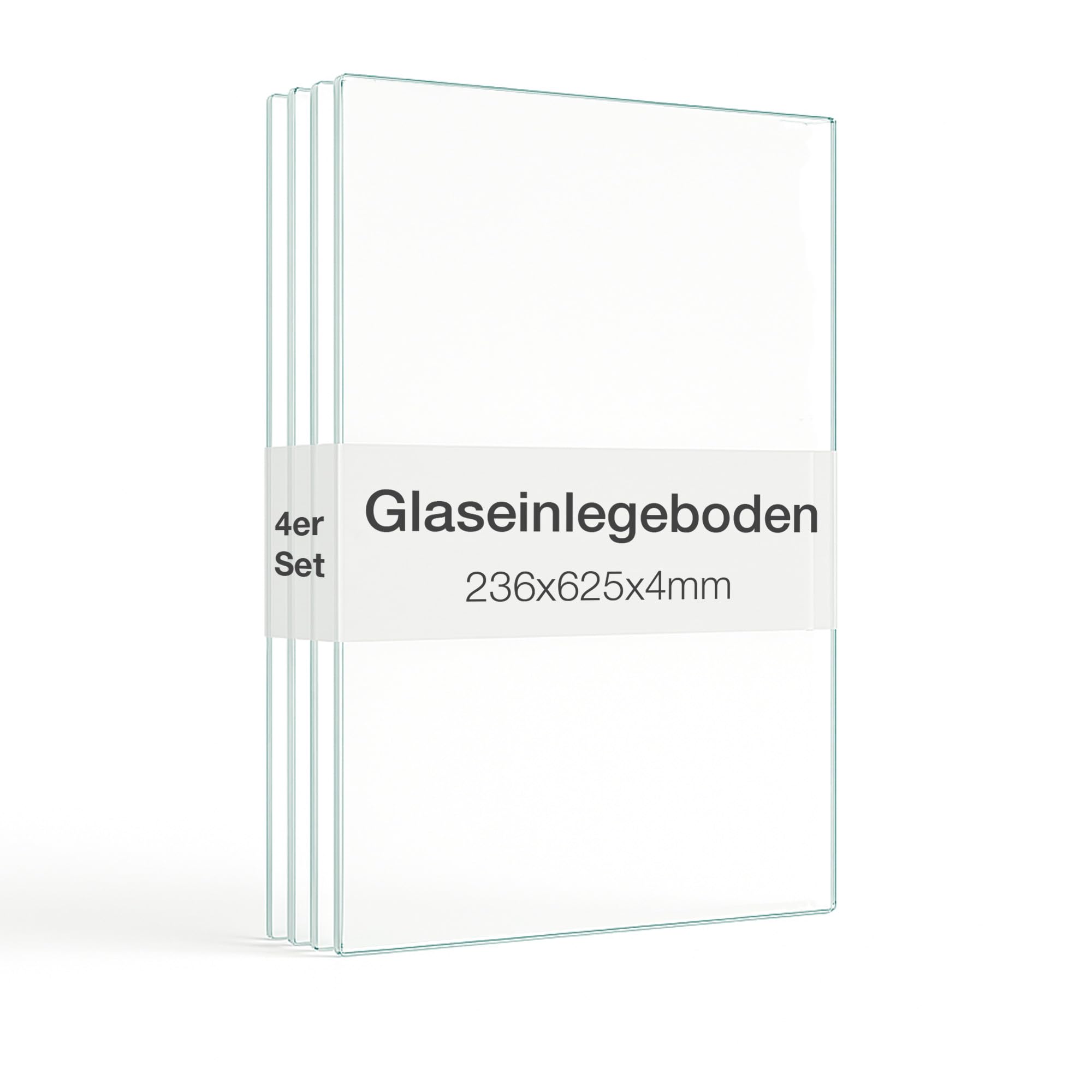 4er Set Glaseinlegeboden 625x236x4mm in Transparent inkl Bodenträger 5mm und Abdeckkappen - Made in Germany - Einlegeboden für 2 türige Standvitrinen - Regalboden Erweiterung aus ESG