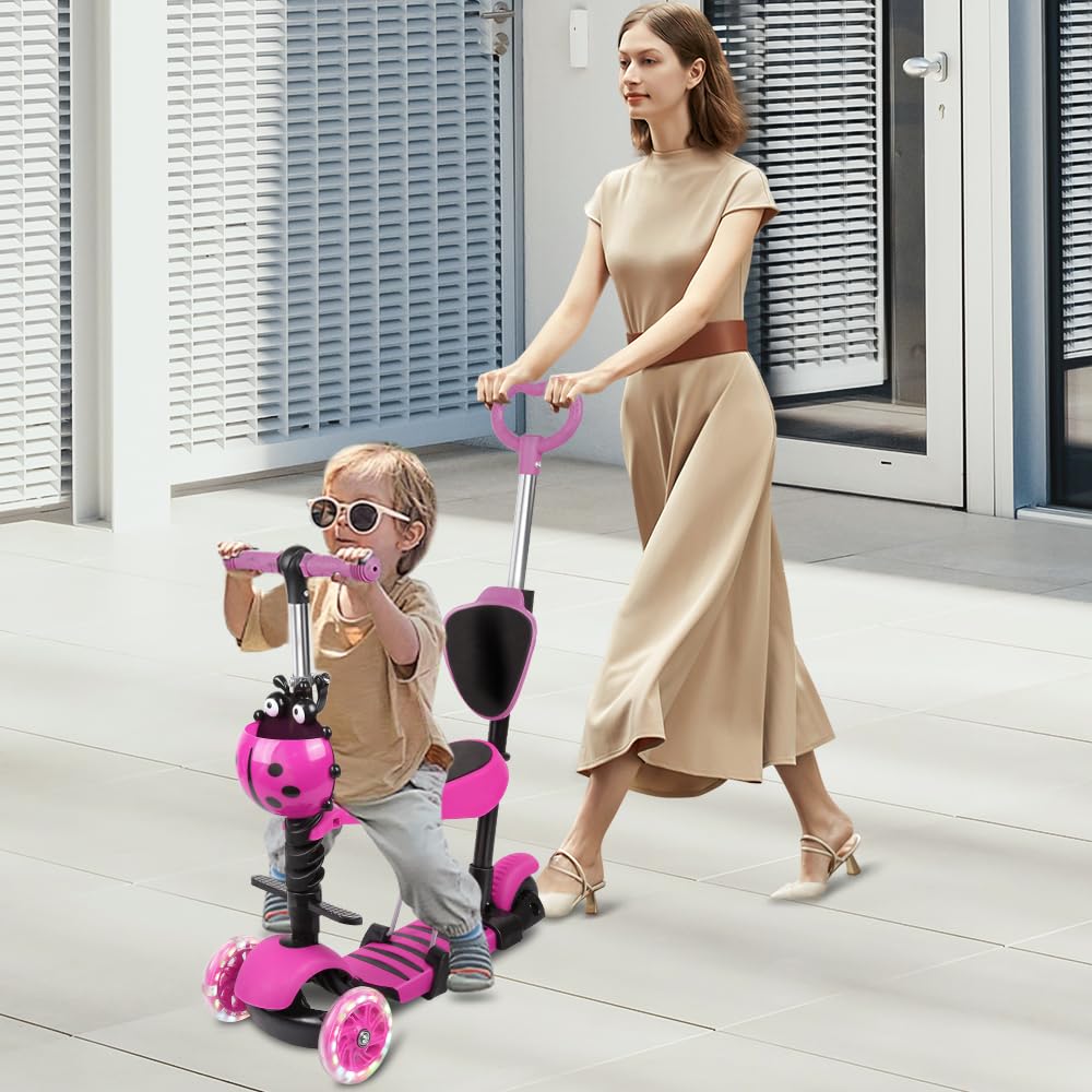OHMG Monopattino triciclo per bambini 3+ anni, scooter equilibrio, monopattino antiscivolo, monopattino regolabile per ragazza/ragazzo, carico 30 kg, ruote a LED, regolabile in altezza
