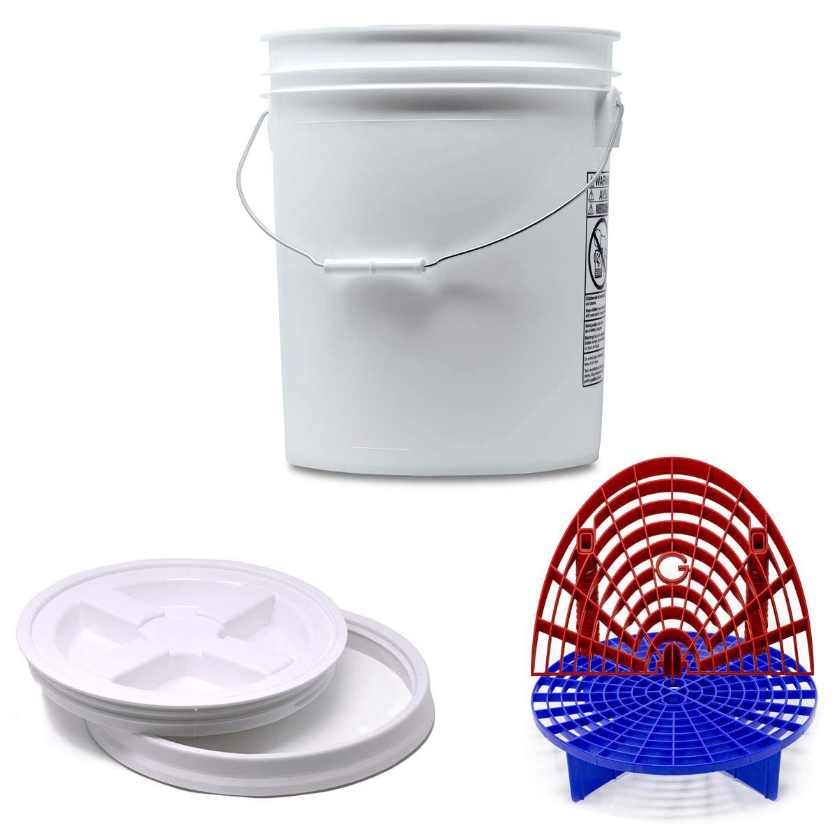 Detailmate professionelles Wasch Eimer Set: Magic Bucket Wascheimer 5 GAL (ca. 20 Liter), Gamma Seal Eimerdeckel weiß, GritGuard Schmutz Einsatz blau, GritGuard Washboard rot
