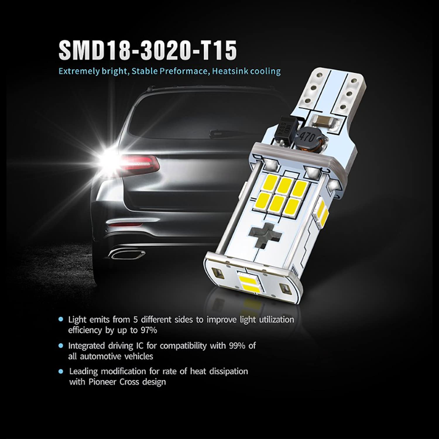 Stark Industries Super Bright 921 T15 3020 Chipset 18-SMD LED Bulbs For Backup Reverse Lights, Truck Cargo Lights, 3rd Brake Lights, Xenon White