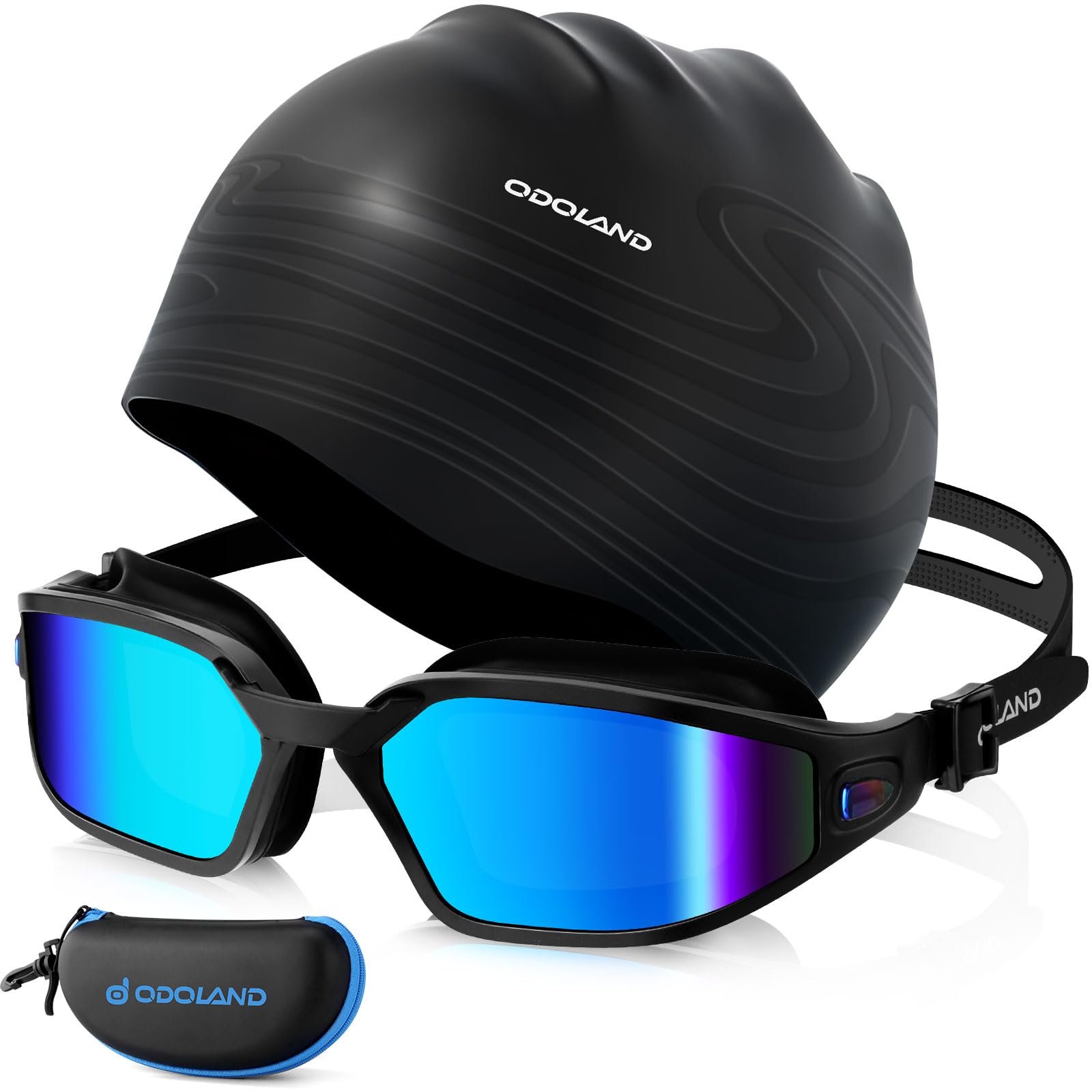 Odoland Gafas de Natación Polarizadas con Gorro de Natación y Funda, Gafas de Piscina Antivaho y Protección UV, para Hombres Mujeres y Jóvenes